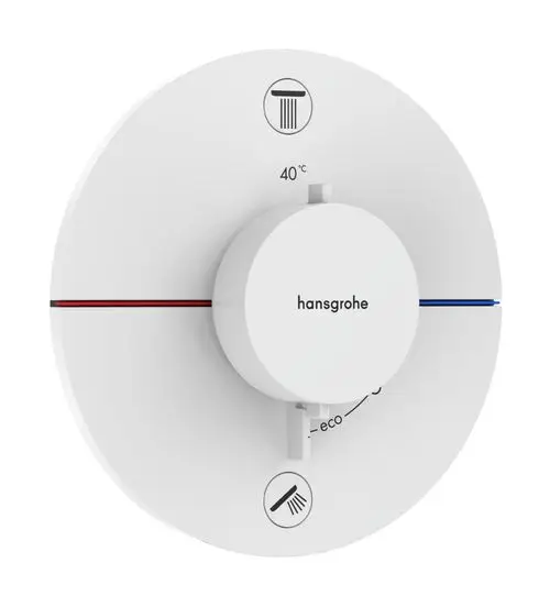 Thermostat von Hansgrohe, präsentiert in weißem Design, mit Drehregler zur Temperatureinstellung und Icons für Funktionen wie Eco und verschiedene Verbrauchermöglichkeiten.